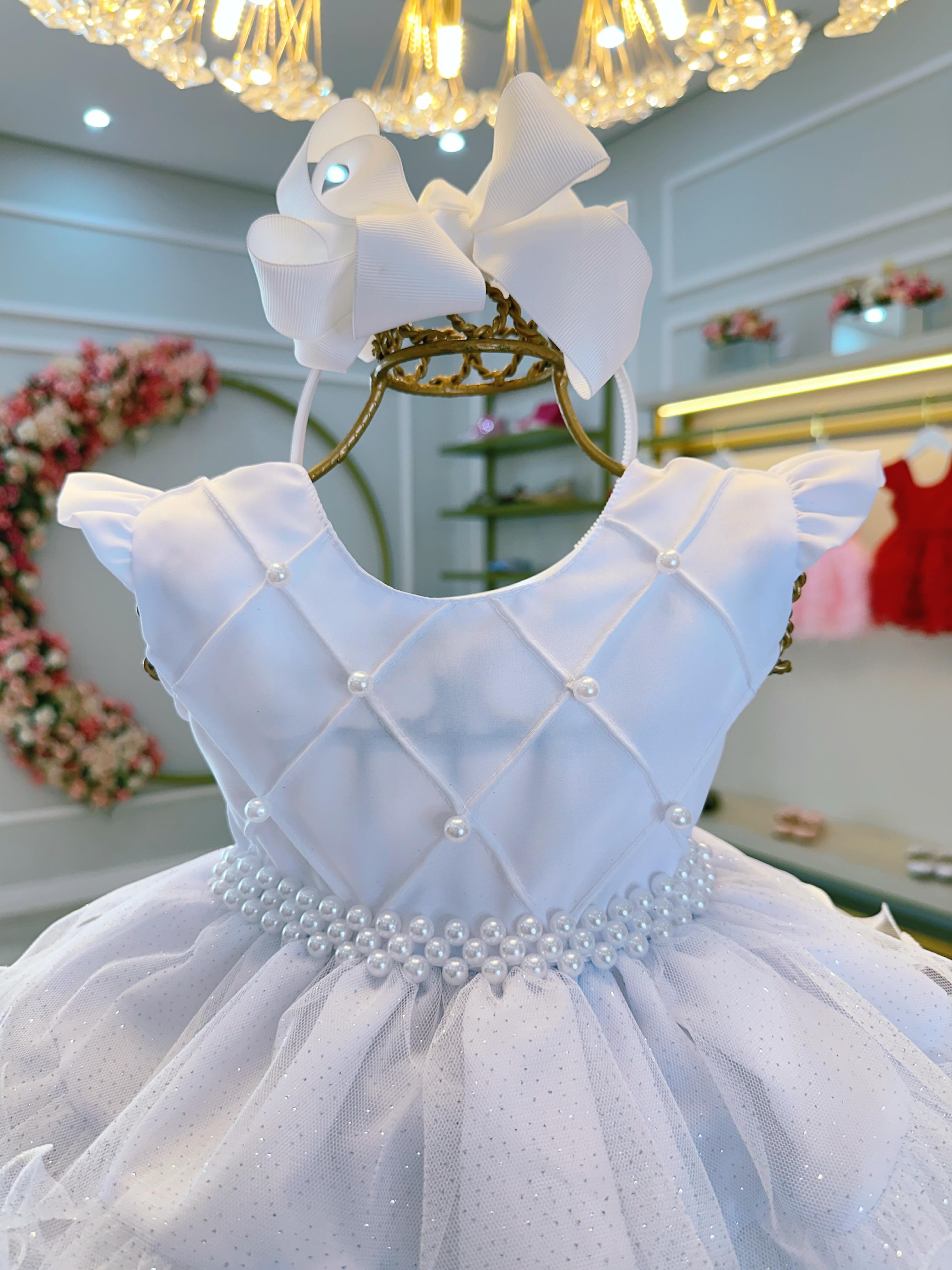 Vestido Infantil Batizado Branco Saia Com Babados Luxo