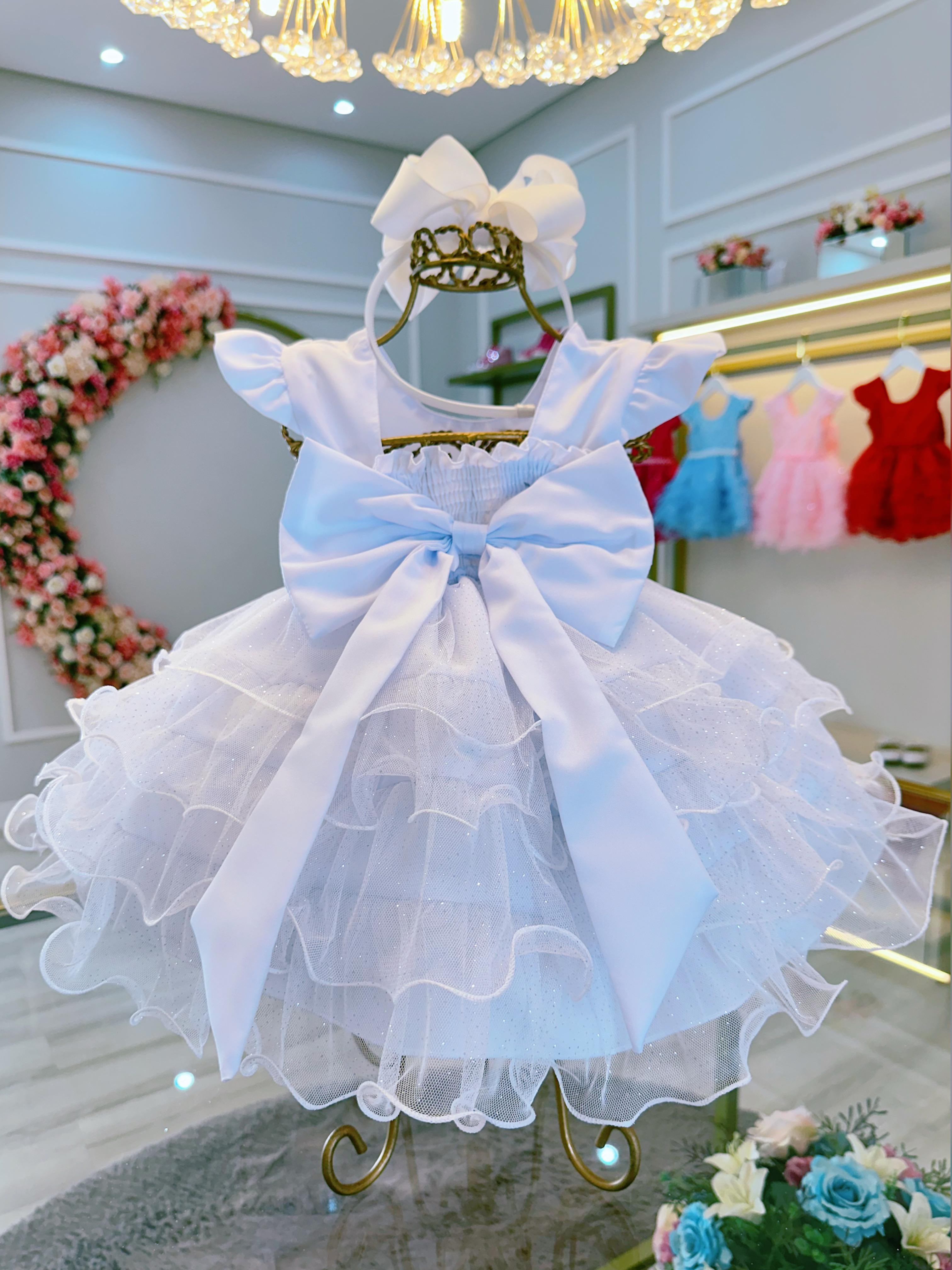 Vestido Infantil Batizado Branco Saia Com Babados Luxo