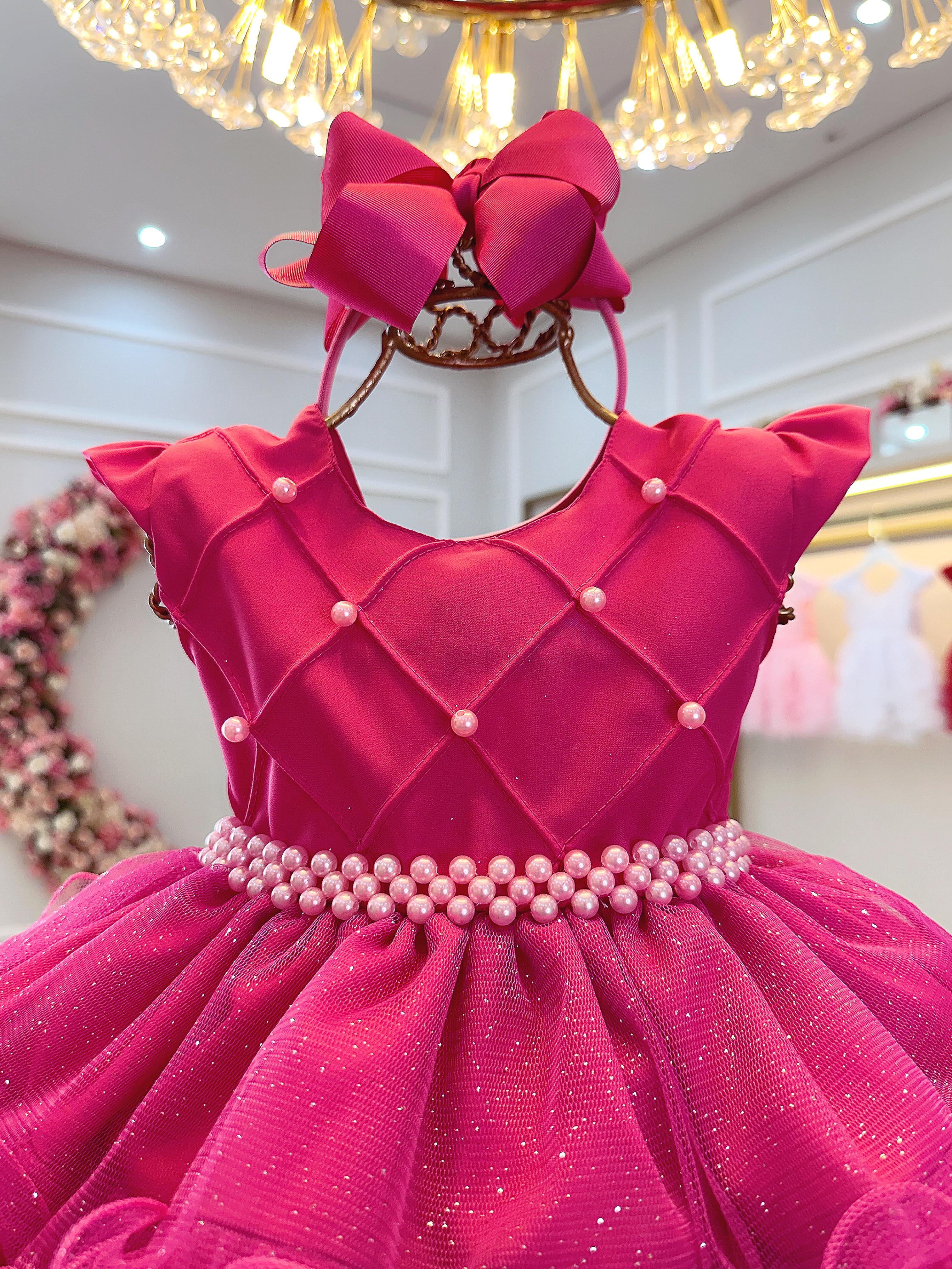 Vestido Infantil Batizado Rosa Pink Saia Com Babados Luxo