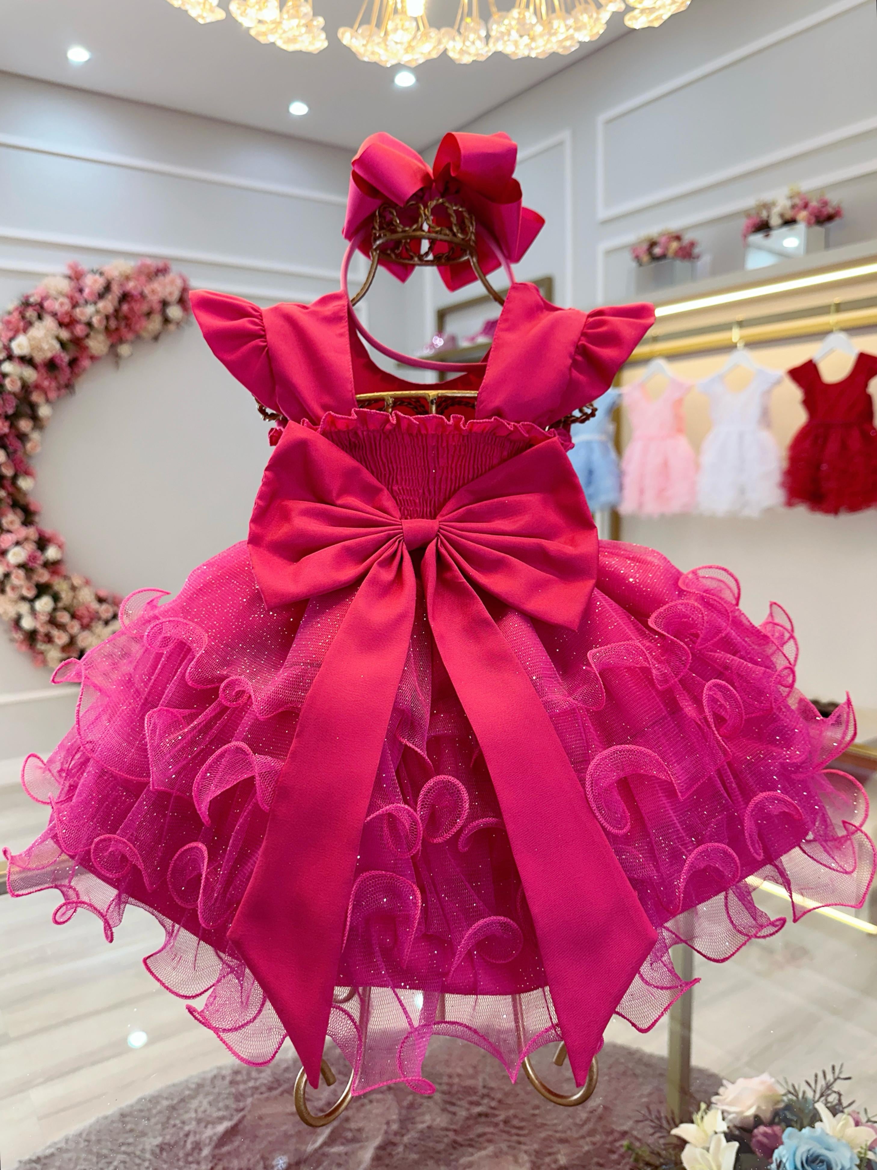 Vestido Infantil Batizado Rosa Pink Saia Com Babados Luxo