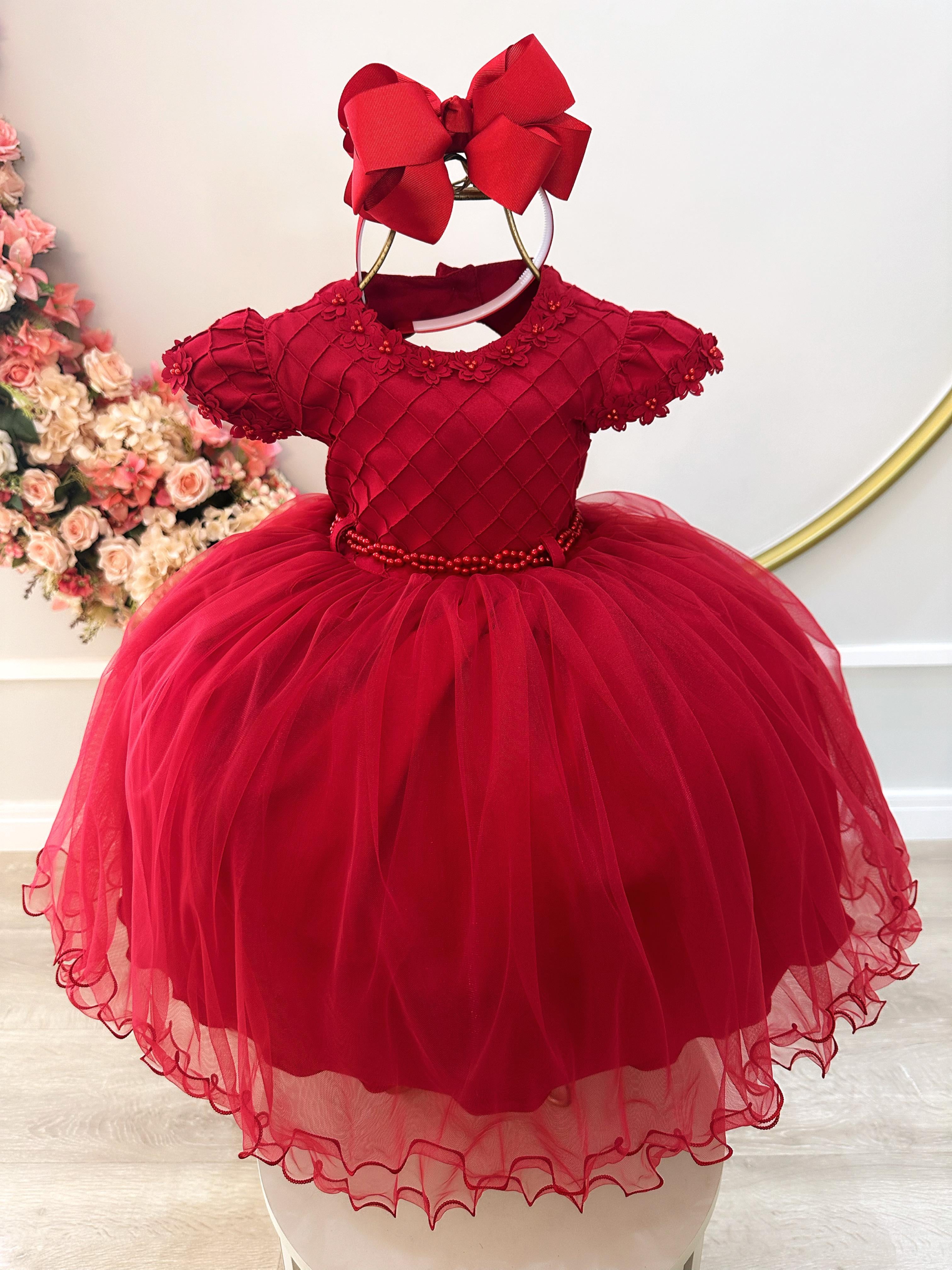 Vestido Vermelho Infantil Luxo com Aplique Floral – Perfeito para Festas, Aniversários e Ensaios fotográficos