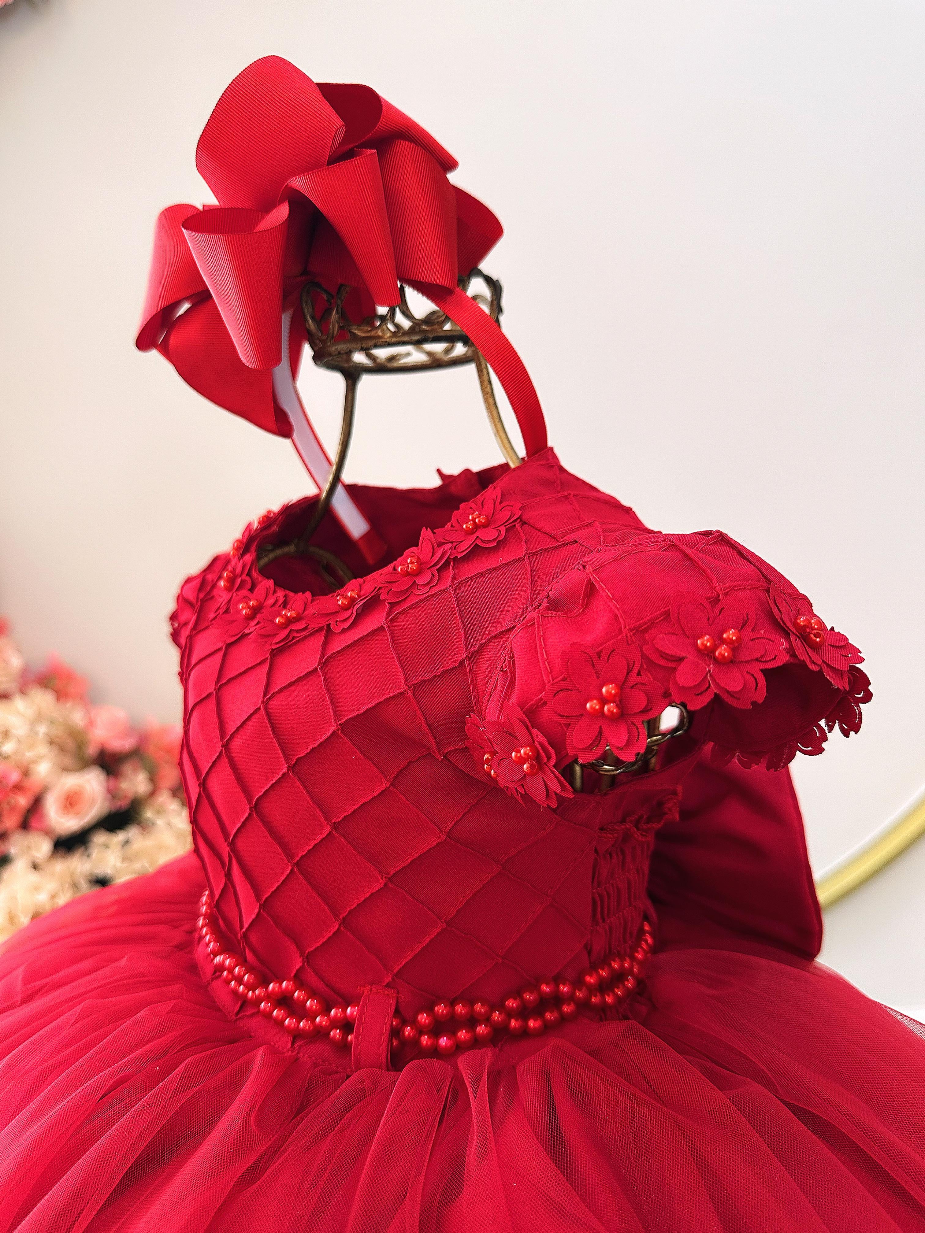 Vestido Vermelho Infantil Luxo com Aplique Floral – Perfeito para Festas, Aniversários e Ensaios fotográficos
