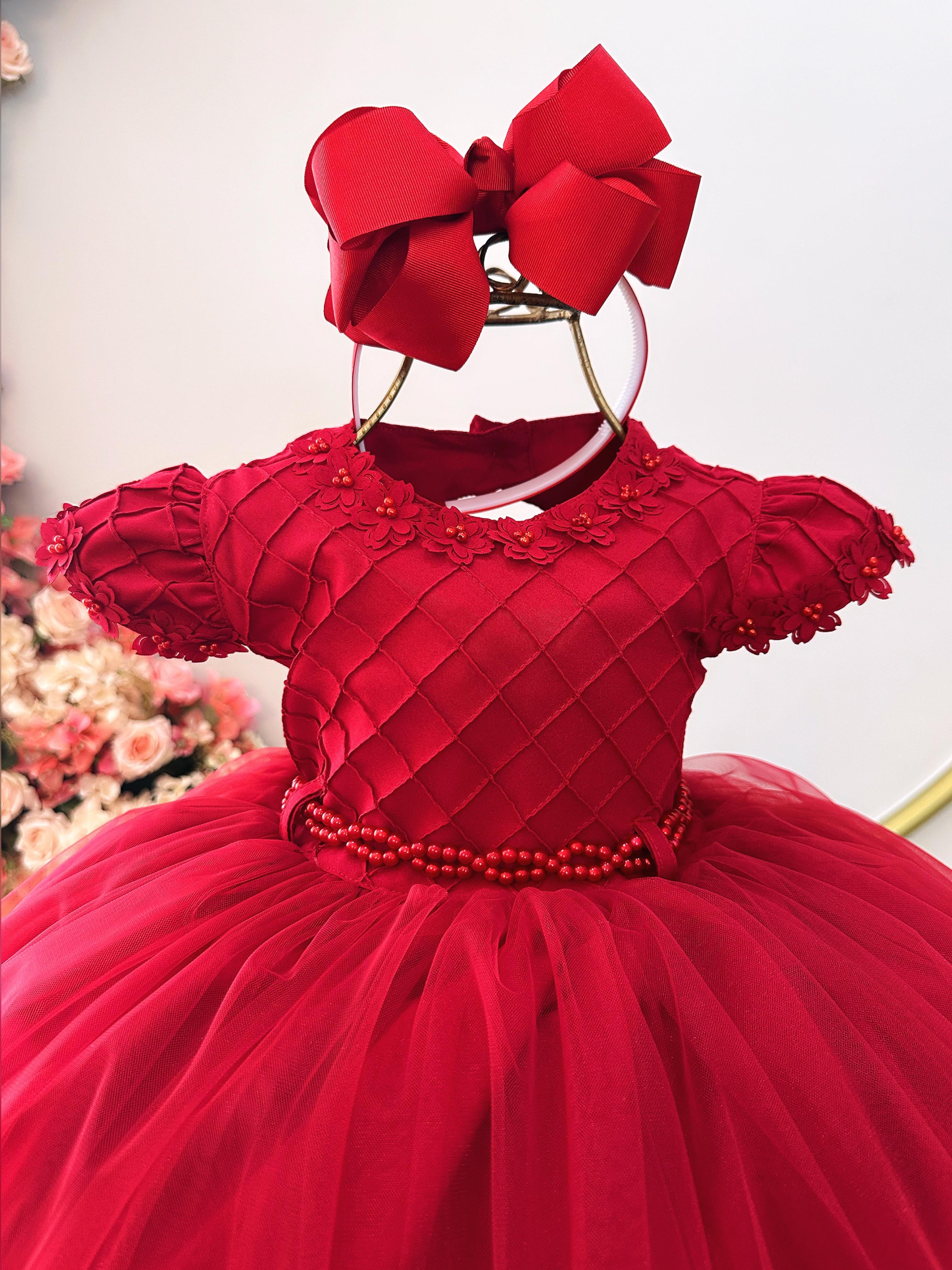Vestido Vermelho Infantil Luxo com Aplique Floral – Perfeito para Festas, Aniversários e Ensaios fotográficos