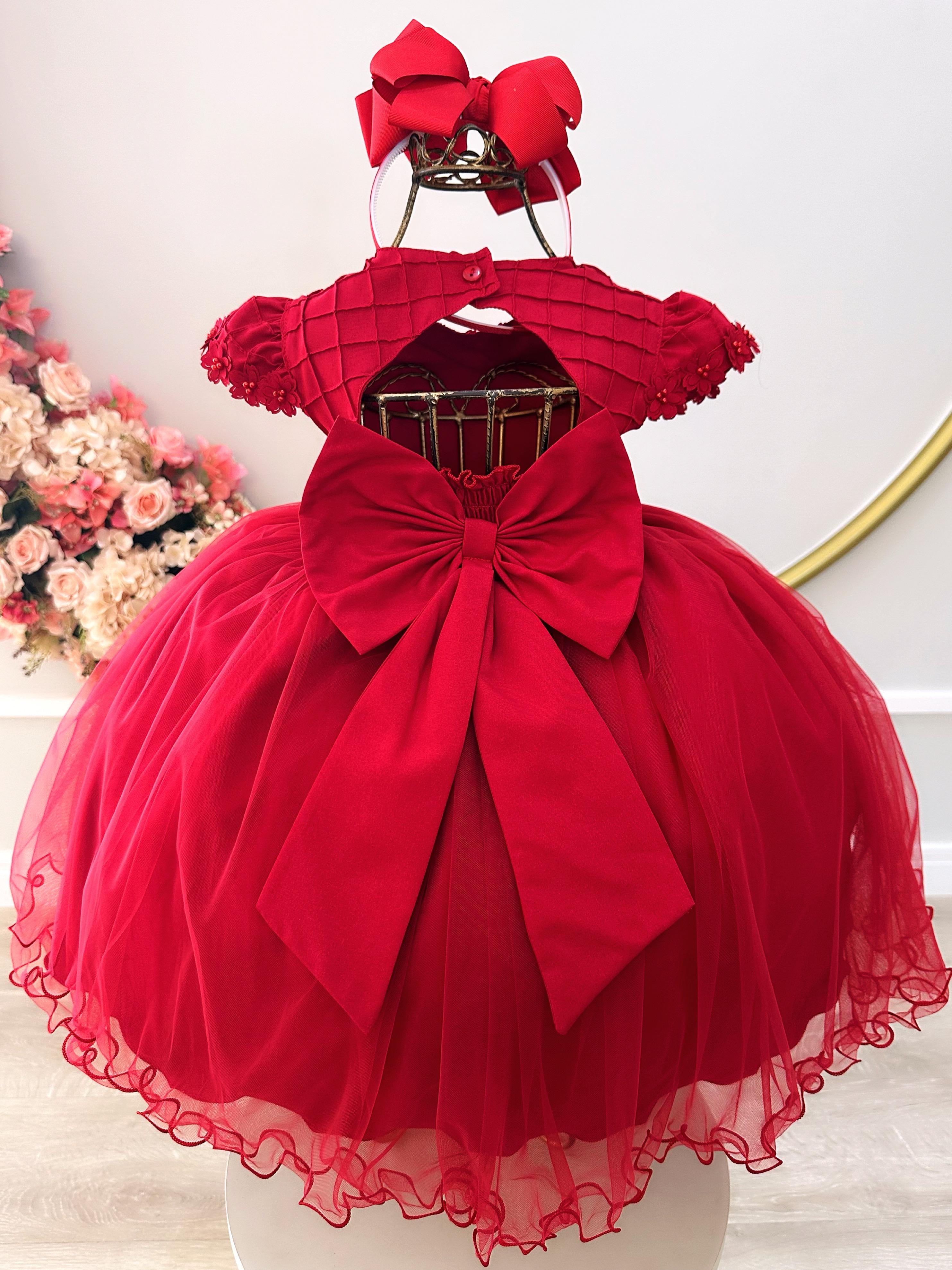Vestido Vermelho Infantil Luxo com Aplique Floral – Perfeito para Festas, Aniversários e Ensaios fotográficos