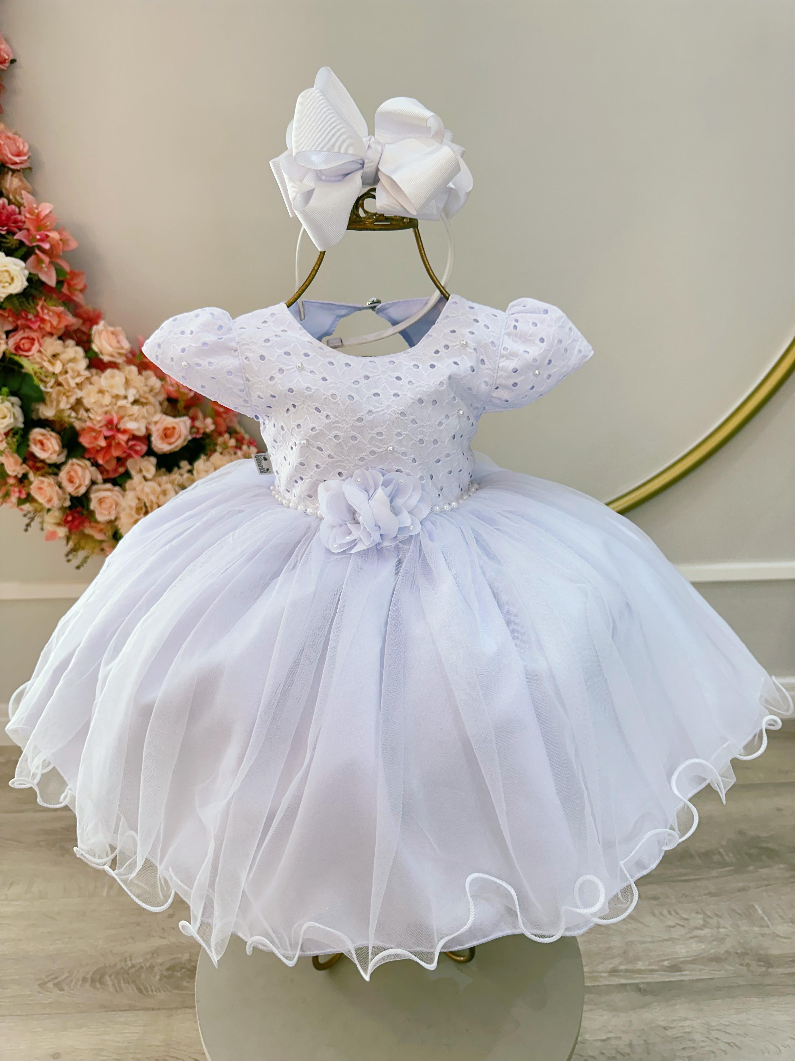Vestido Infantil Branco com Laise Aplique Flor Pérolas
