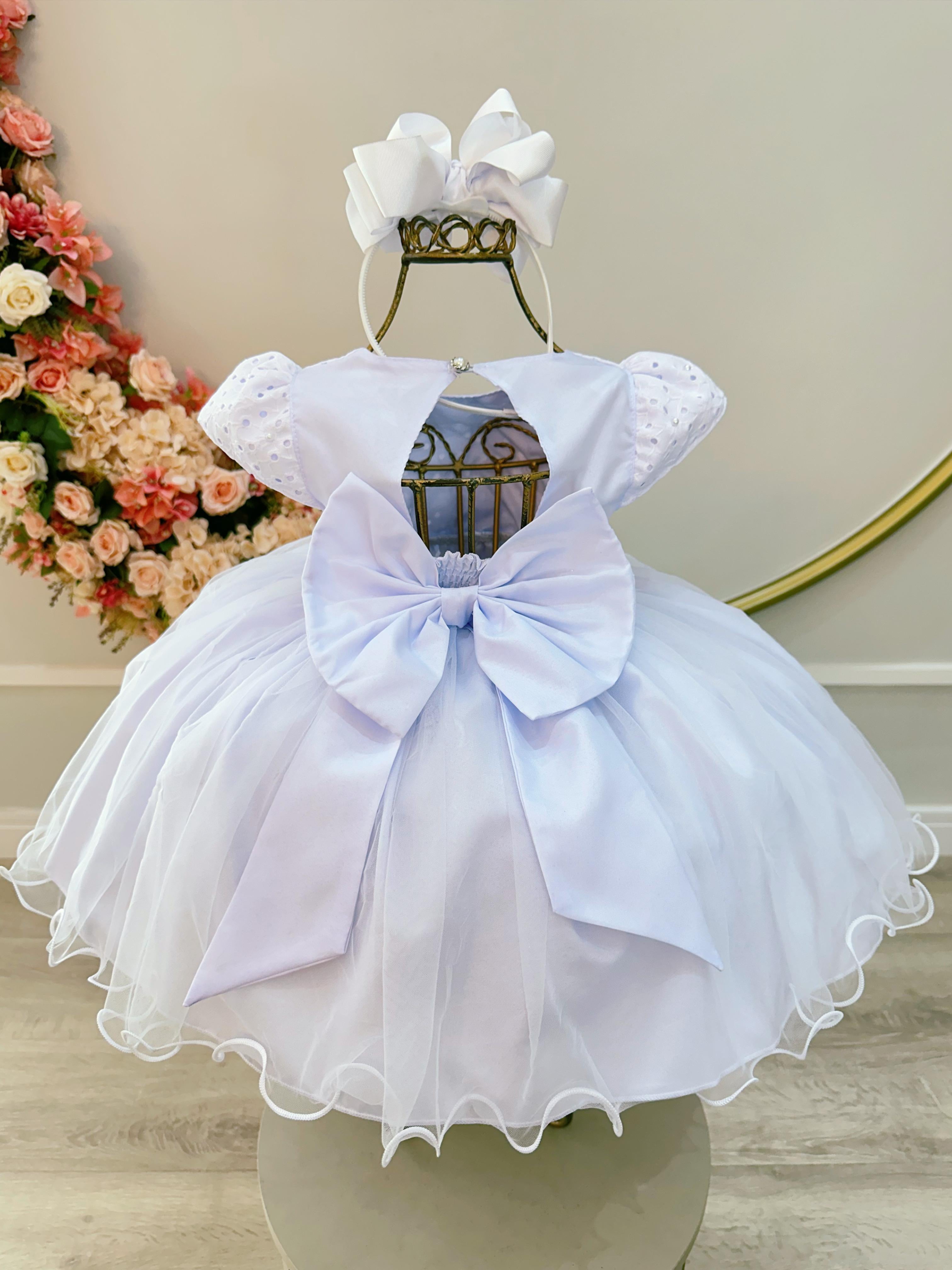 Vestido Infantil Branco com Laise Aplique Flor Pérolas