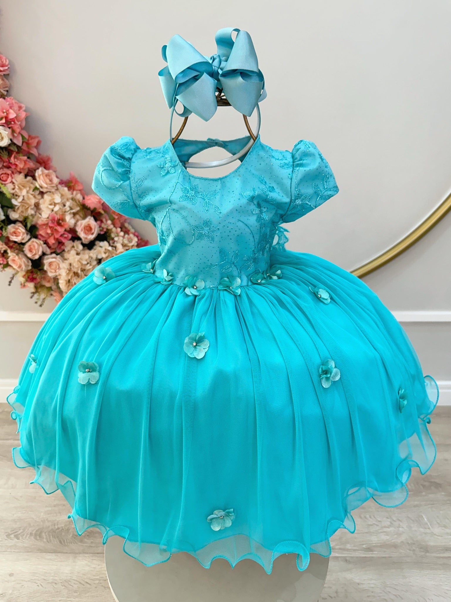 Vestido Infantil Verde Jardim Encantado com Renda e Flores 3D