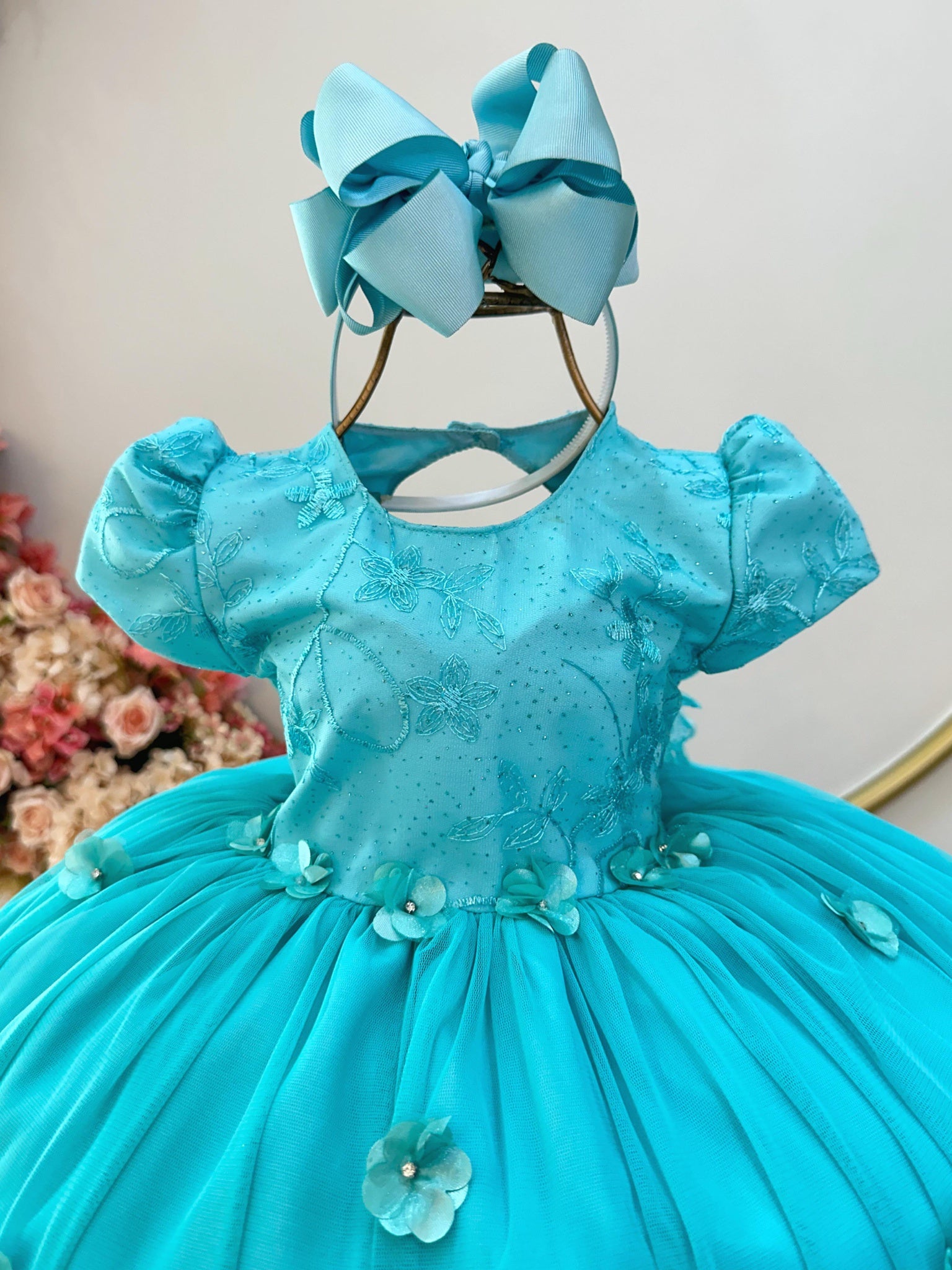 Vestido Infantil Verde Jardim Encantado com Renda e Flores 3D
